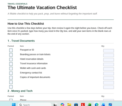 Preview of the Ultimate Vacation Checklist showing Travel Documents and Money and Tech sections