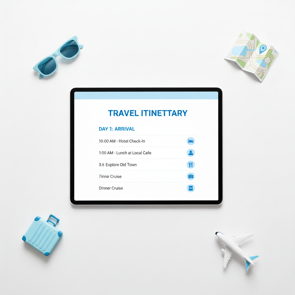 Travel Itinerary Planner printable PDF mockup on tablet with travel accessories