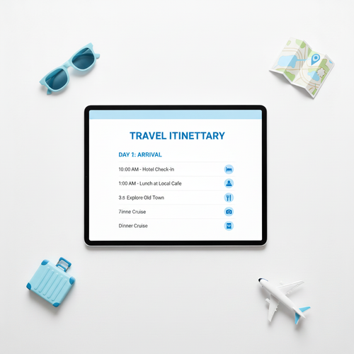 Travel Itinerary Planner printable PDF mockup on tablet with travel accessories